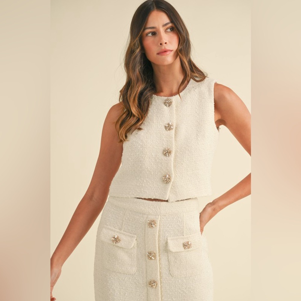 54. Sleeveless Tweed Top and Skirt Set with Jeweled Buttons in Cream - Picture 2 of 11